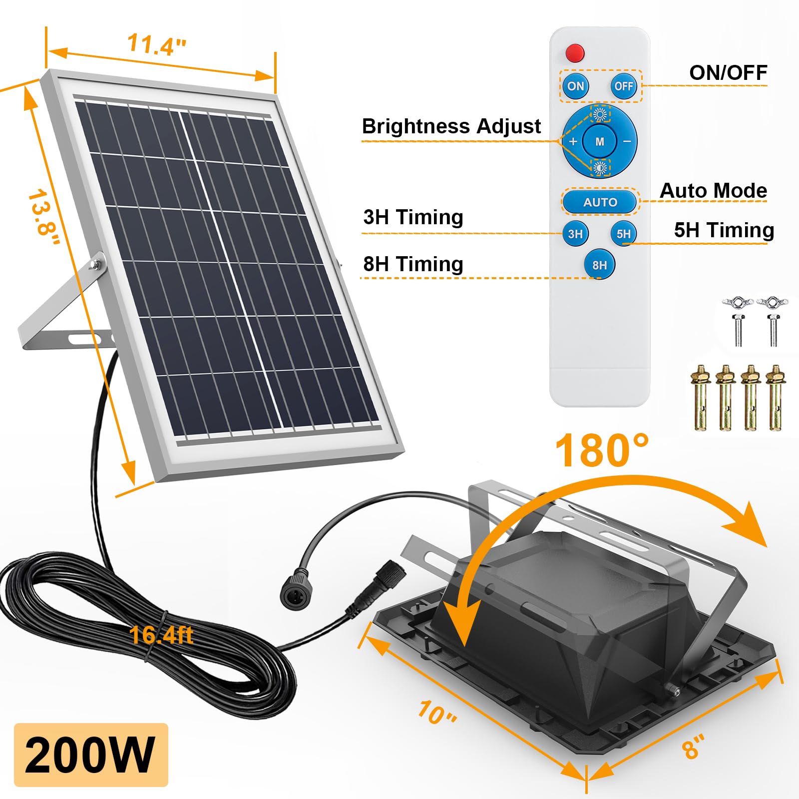 TFKK 200W Solar Street Light Waterproof, 16ft Wire Light Sensor Solar Parking Lot Lights, 20000LM Solar Security Flood Lights Outdoor, 8000K LED Solar Lights for Outside Garden Yard Path