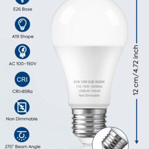 Nouscan LED Light Bulbs 100 Watt Equivalent, Daylight White 5000K, 13W LED Bulb A19, 1500 Lumens, Standard E26 Base, Energy Saving, Energy Saving Lightbulbs, Non-dimmable, 12 Pack