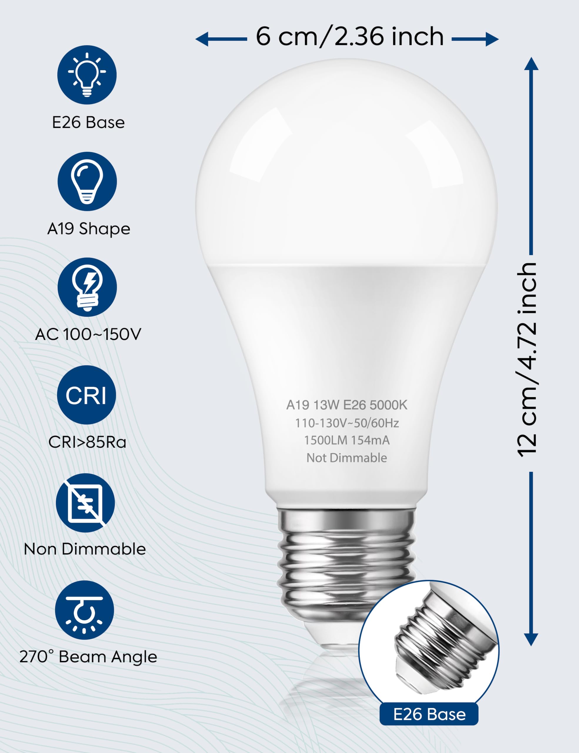 Nouscan LED Light Bulbs 100 Watt Equivalent, Daylight White 5000K, 13W LED Bulb A19, 1500 Lumens, Standard E26 Base, Energy Saving, Energy Saving Lightbulbs, Non-dimmable, 12 Pack