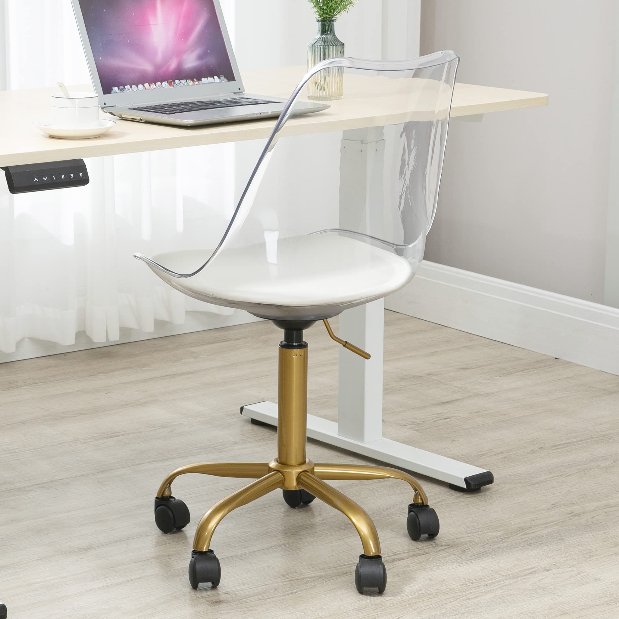 Villeston Acrylic Clear Desk Chair, Modern Small Cute Armless Vanity Rolling Plastic Chair Home Office Lucite Ghost Chairs Cushion Padded with Golden Legs, Clear