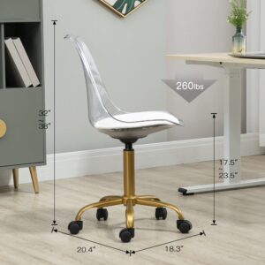 Villeston Acrylic Clear Desk Chair, Modern Small Cute Armless Vanity Rolling Plastic Chair Home Office Lucite Ghost Chairs Cushion Padded with Golden Legs, Clear