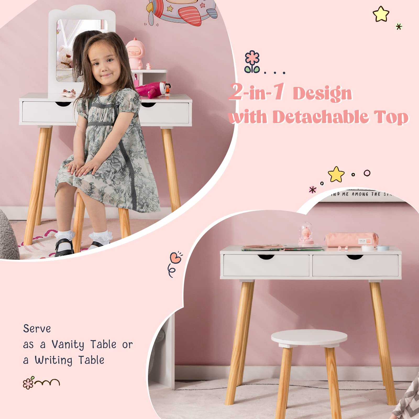 HONEY JOY Kids Vanity, Toddler Dressing Table & Chair for Bedroom, 2 Storage Drawer & Square Mirror, Princess Makeup Vanity Set for Little Girls Age 3+, Wood Girls Vanity Set w/Stool (White)