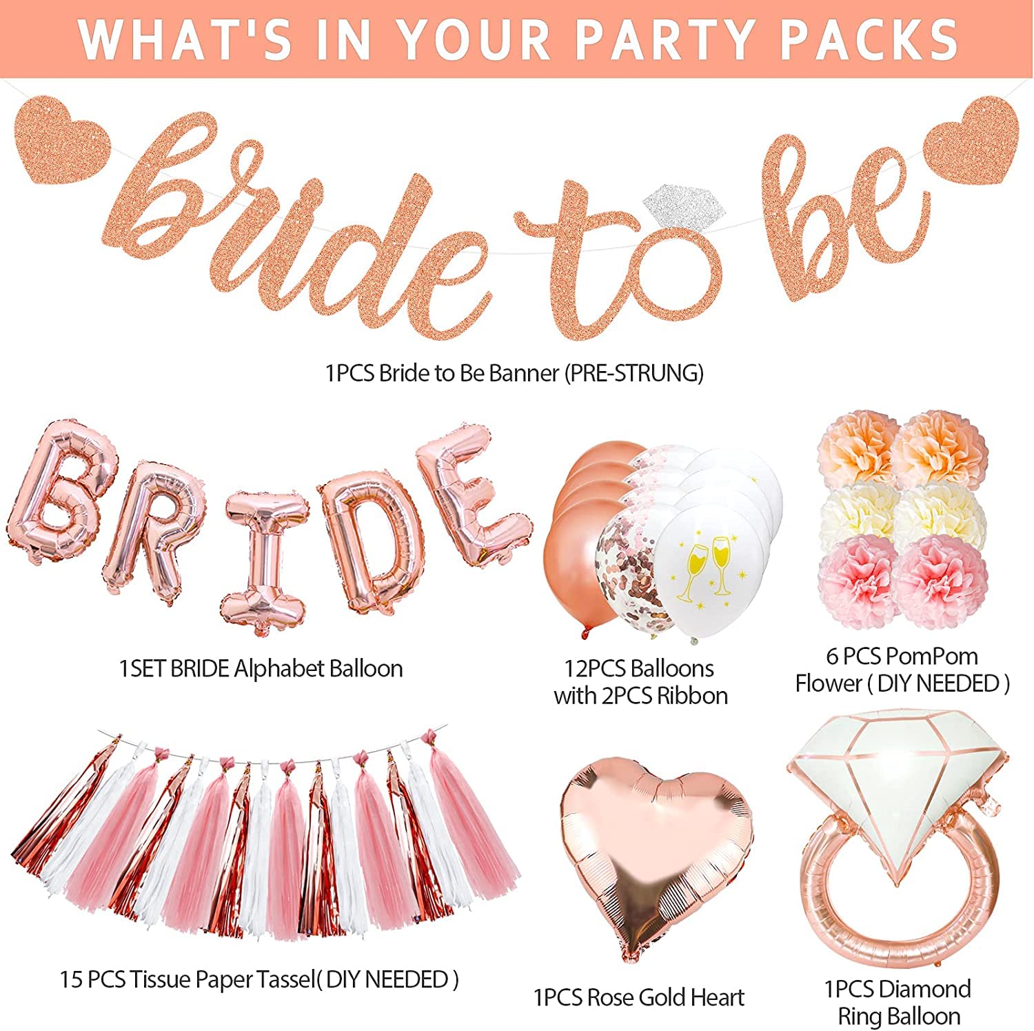 Rose Gold Bridal Shower Decorations Set Bachelorette Party Decorations with Bride to Be Banner, Bride Foil Balloons, Ring Balloon, Heart Balloons, Paper Pom Poms, Tassel, Ballon