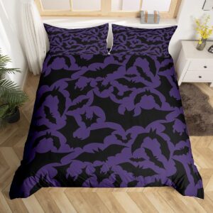 halloween themed bedding set queen size,black bats animal print duvet cover set for children bedroom present, dark purple color microfiber comforter cover with 2 pillowcases (no comforter)