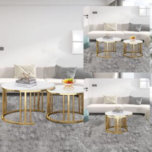 QLJJSD Round Nesting Coffee Table Set of 2 Modern Cocktail Table with Metal Frame for Living Room Small Spaces White and Gold(Desktop Size 28"+20")