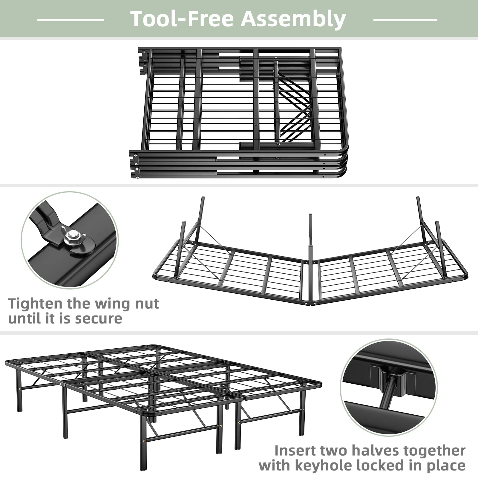 KOMFOTT 14 Inches Metal Platform Bed Frame Queen Size, Heavy Duty Foldable Mattress Foundation with Steel Slat Support, No Assembly Required, No Box Spring Needed, Folding Platform Bed Frame