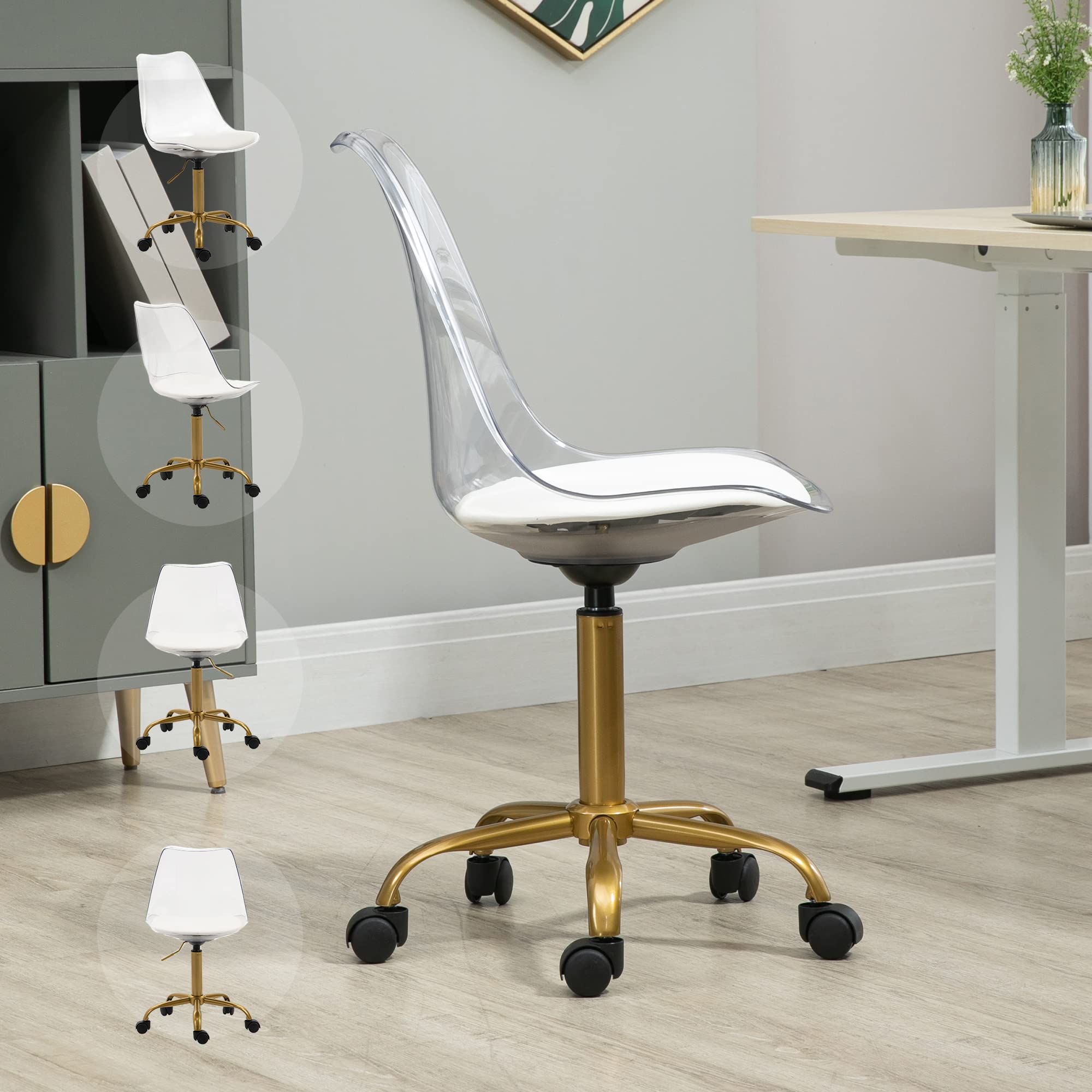 Villeston Acrylic Clear Desk Chair, Modern Small Cute Armless Vanity Rolling Plastic Chair Home Office Lucite Ghost Chairs Cushion Padded with Golden Legs, Clear