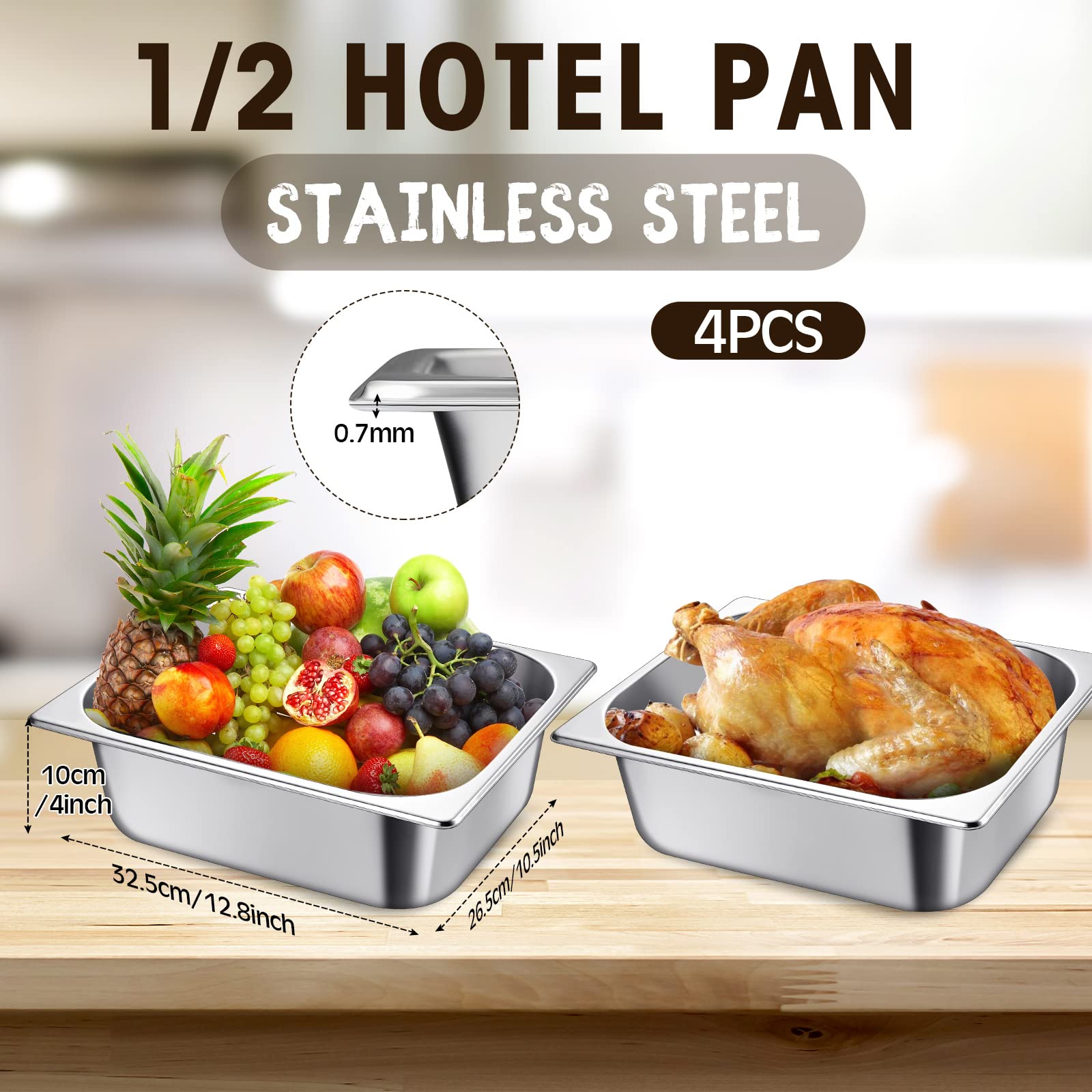 Baderke Stainless Steam Hotel Pans with Lids, 0.7 mm Thick 304 Stainless Steel Hotel Pan Anti Clogging Steam Table Pan for Food Warmer Cooking Heat, Multi Size (4 Pack, 1/2 Half Size x 4 Inch Deep)