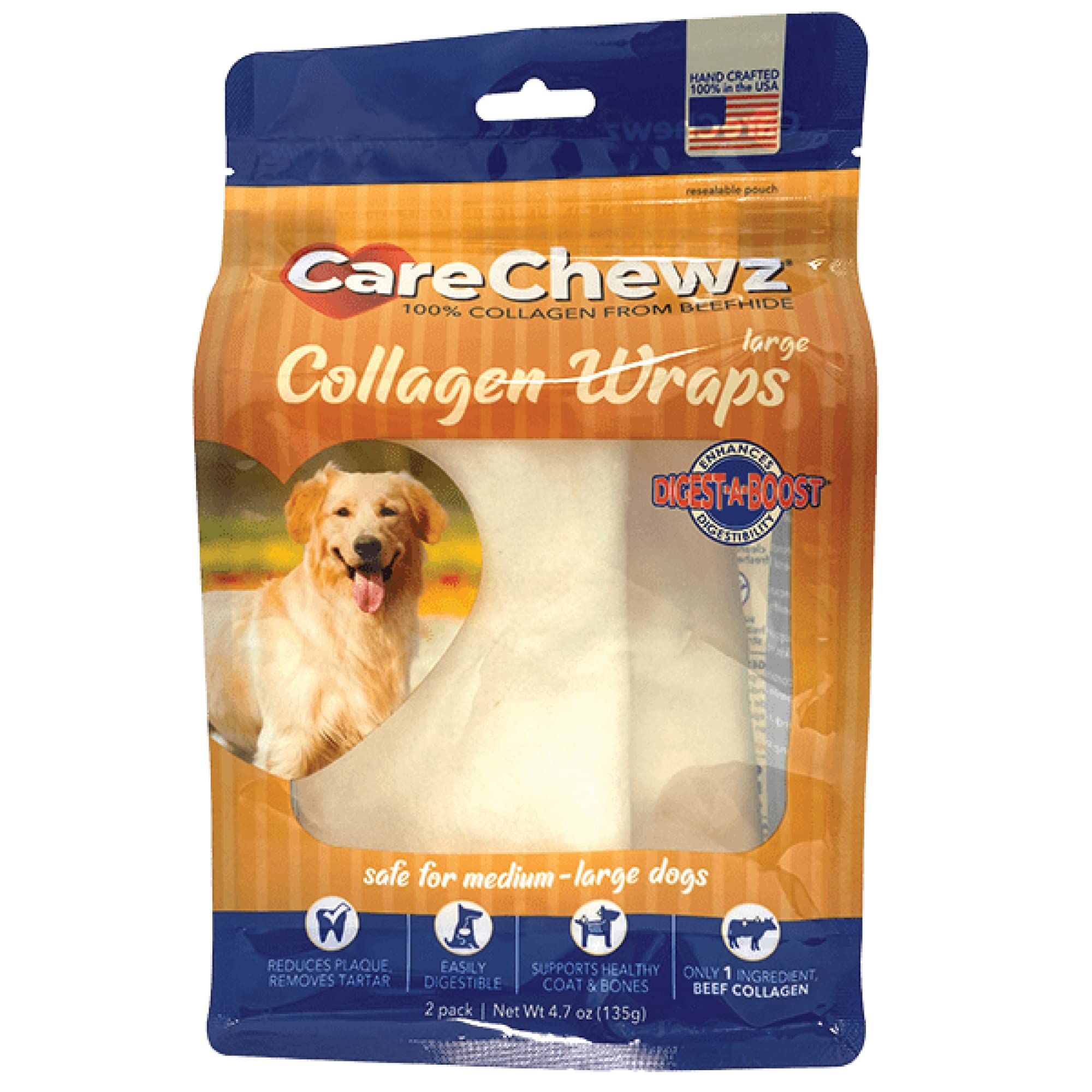 Pet Factory CareChewz Collagen 6-7" Large Wraps Dog Chew Treats - Natural Flavor, 2 Count/1 Pack