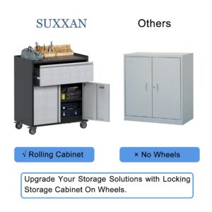 SUXXAN Metal Cabinet with Wheels/Drawers, Storage Cabinet on Wheels, Tool Cabinet with Wheels, Rolling Garage Cabinet with 2 Doors/1 Adjustable Shelves for Home/Office/Garage, Assembly Required