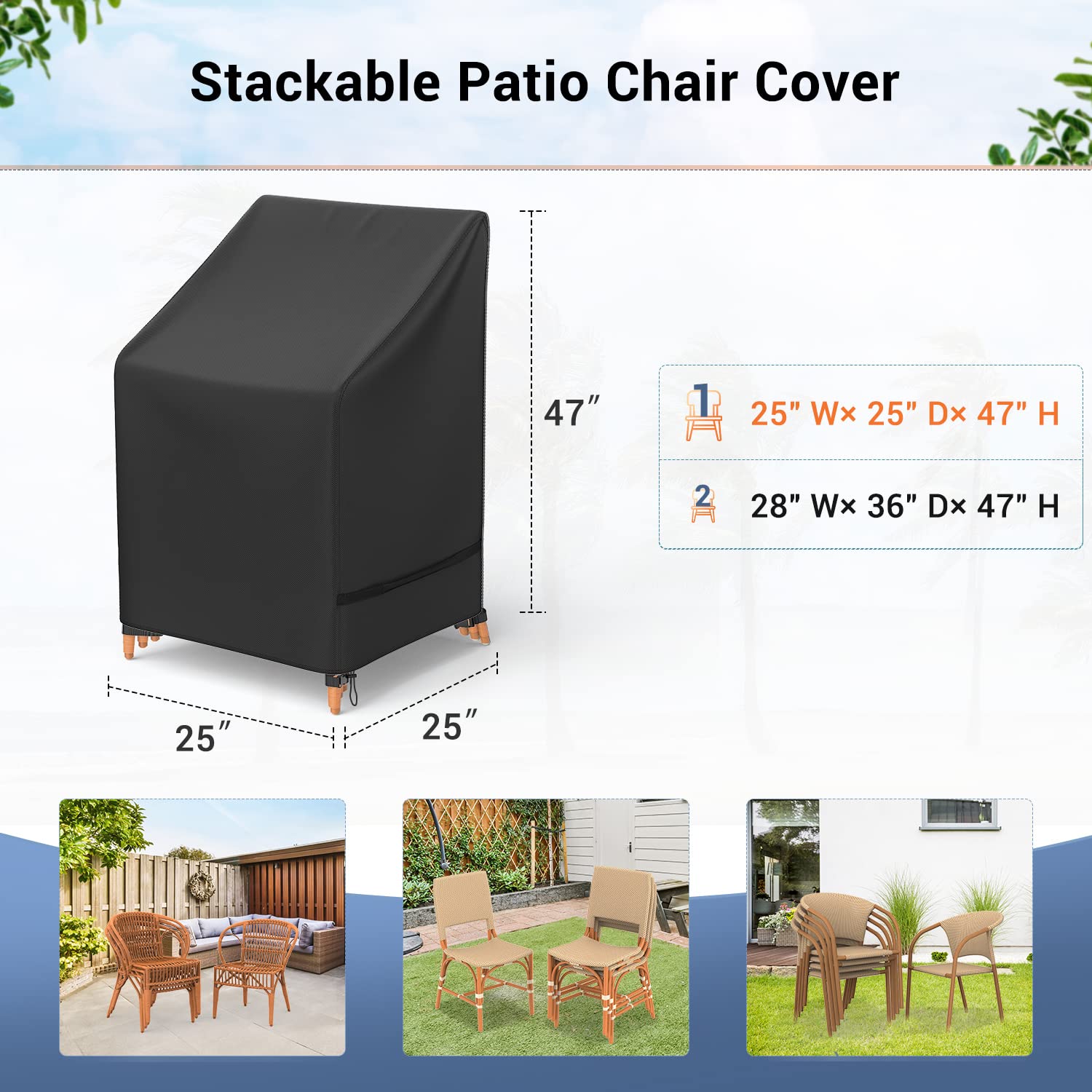 Mrrihand Outdoor Chair Cover, Stackable Patio Chair Cover for Outdoor Furniture Cover Waterproof, Heavy Duty Patio Furniture Covers Fits for 4-6 Stackable Dining Chairs, 25" W× 25" D× 47" H, Black