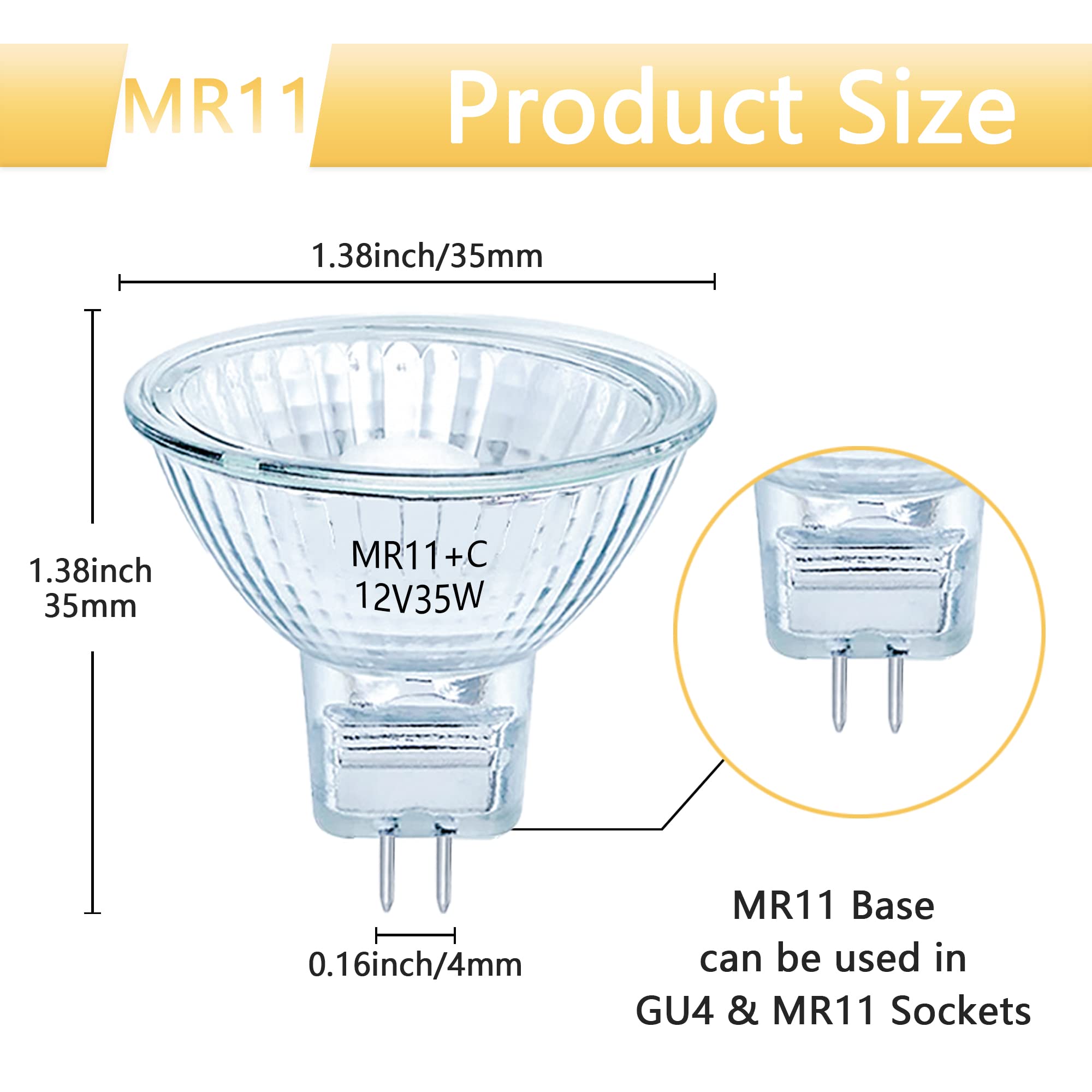 Sevici MR11 Halogen Bulb 12V 35W Dimmable FTD Spotlight Bulb 36° Beam 2700K Warm White MR11 Bulb GU4 Dual Pin Base, Glass Cover for Range Hoods Track Lighting Landscape Recessed Bulbs