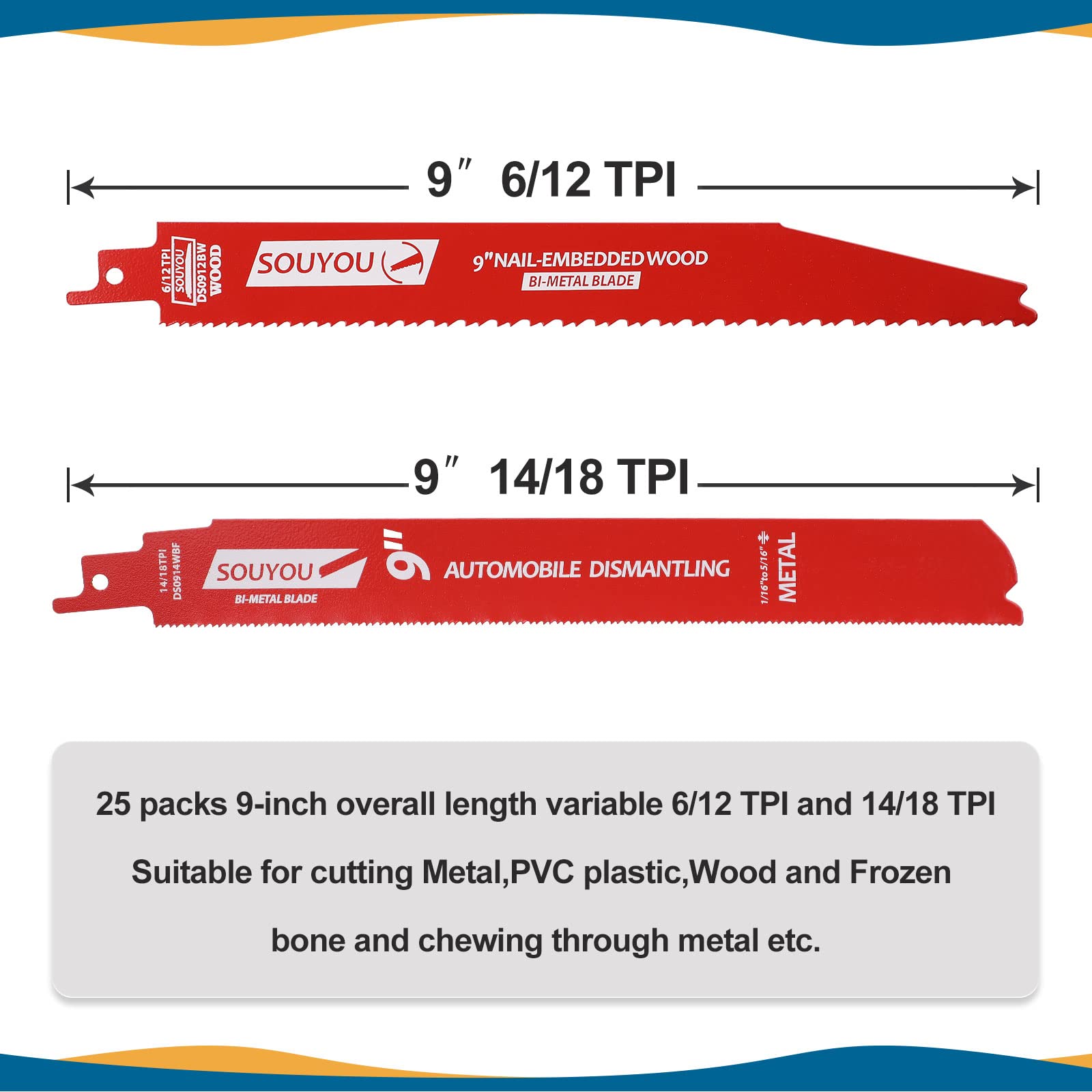 Souyou 25 Pack 9 Inch 6/12 Tpi Reciprocating Saw Blades Bi-Metal Steel Demon with Perma-Shield Coating Stud and Nail Sawzall Blades Sawzall Blades for Cutting Embedded Wood Metals PVC Pallets etc.