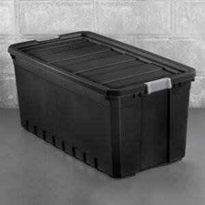 Sterilite 50-Gallon Large Stackable Rugged Industrial Storage Tote Container with Gray Latching Clip Lid for Garage, Attic, Worksite, or Camping