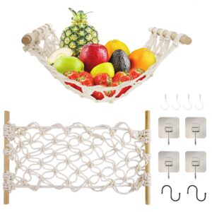 fruit basket hammock under cabinet adhesive, woven vegetable hanging basket, fruit storage for kitchen with banana hooks, mesh fruit holder organization for home dining room decor