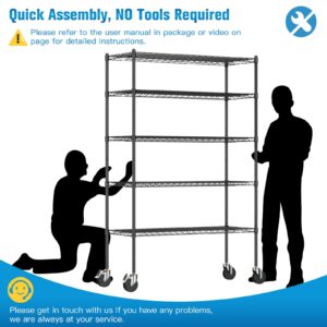 Wire Shelving with Wheels, 48x18x72 Inch, 3000 Lbs Storage Shelves Heavy Duty, Commercial-Grade Adjustable Utility Shelf, NSF-Certified Metal Storage Rack with Shelf Liners, 5-Tier, Matte Black