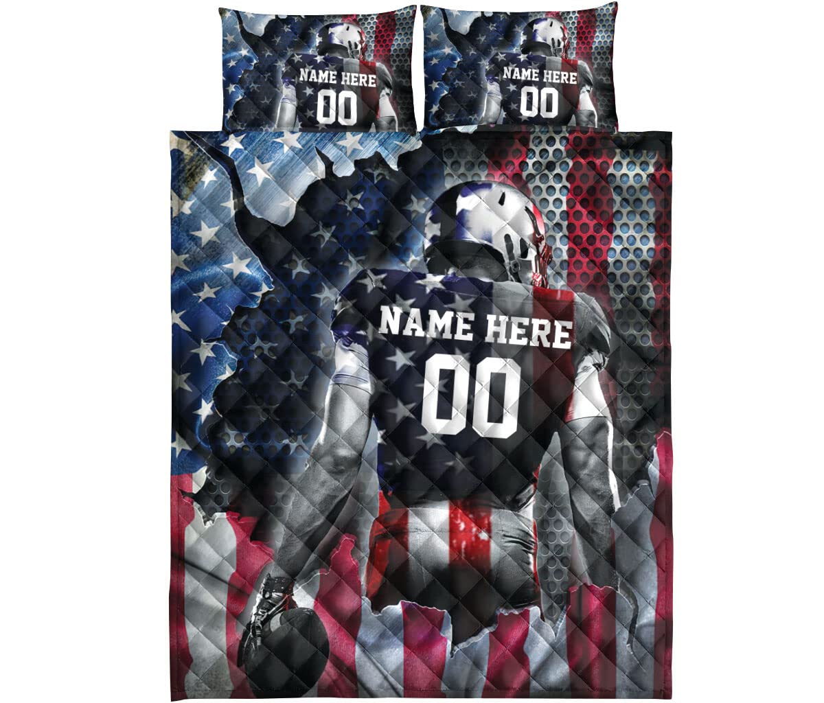 OhaPrints Custom Football Us Flag Gift for Son Boy Personalized Name Number Quilt Blanket & Pillowcases, Quilts Bedding Set & Pillow Cover, King Queen Double Twin Throw Full Size Bedspread Bed Sets