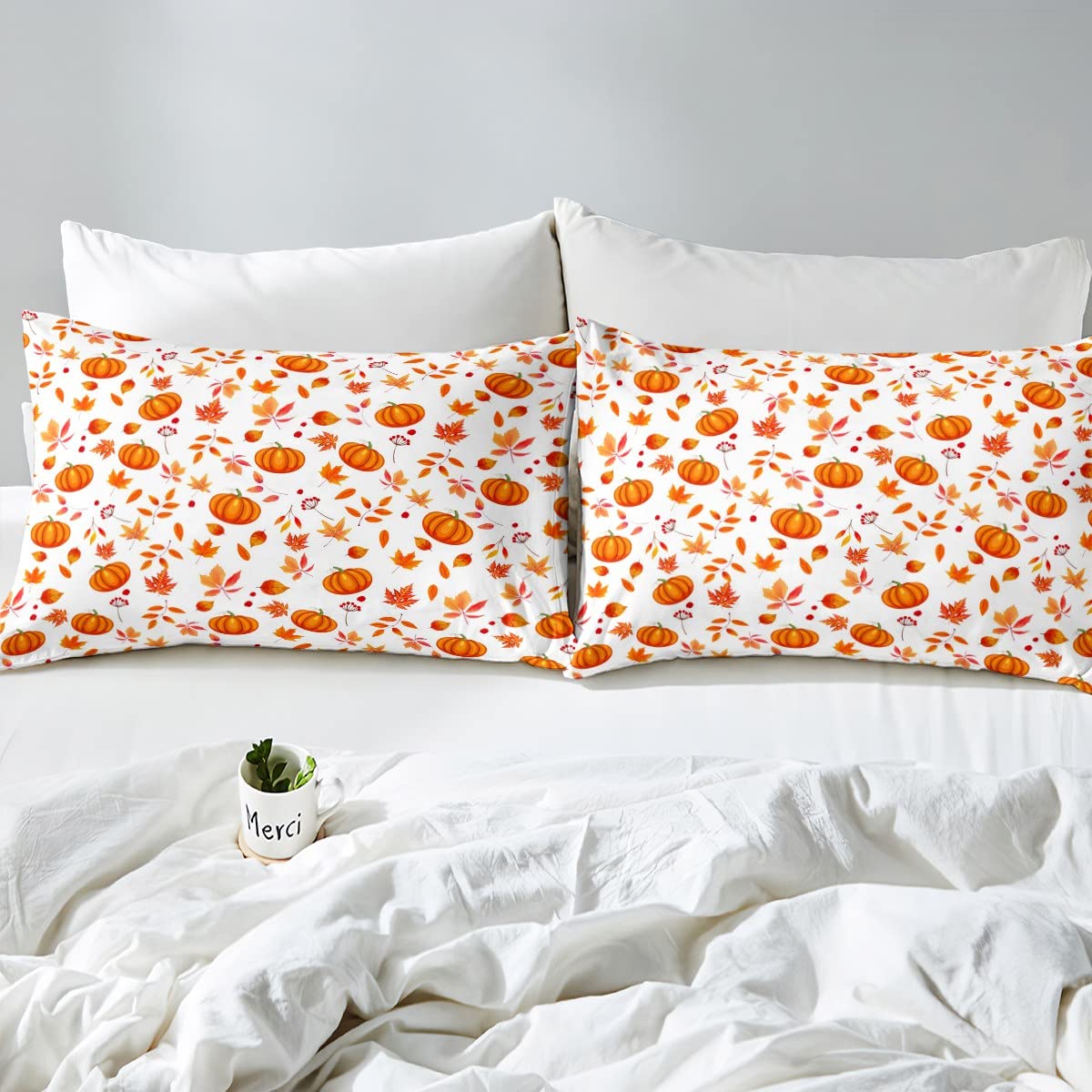 Happy Fall Fitted Sheet Halloween Autumn Pumpkin Bed Sheets Queen,Cute Fall Flowers Maple Leaf Bedding Set Thanksgiving Sheet Set Gifts For Kids Boys Girls Fall Home Bedroom Decor Flat Sheet 4 Pcs