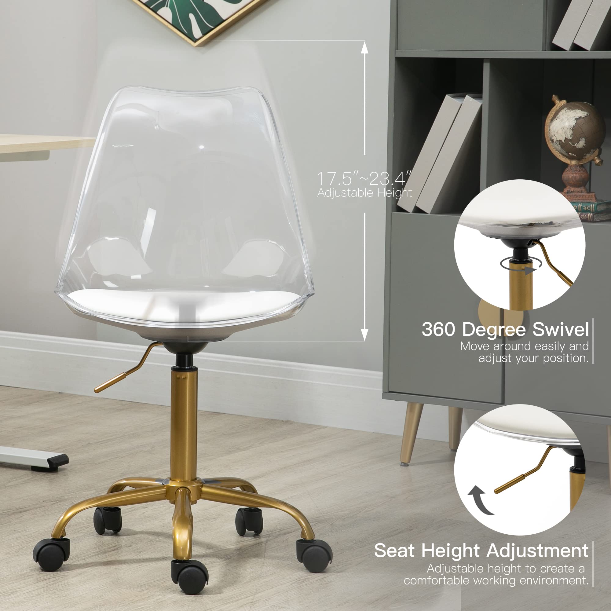 Villeston Acrylic Clear Desk Chair, Modern Small Cute Armless Vanity Rolling Plastic Chair Home Office Lucite Ghost Chairs Cushion Padded with Golden Legs, Clear