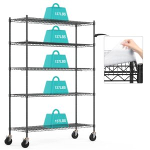 wire shelving with wheels, 48x18x72 inch, 3000 lbs storage shelves heavy duty, commercial-grade adjustable utility shelf, nsf-certified metal storage rack with shelf liners, 5-tier, matte black