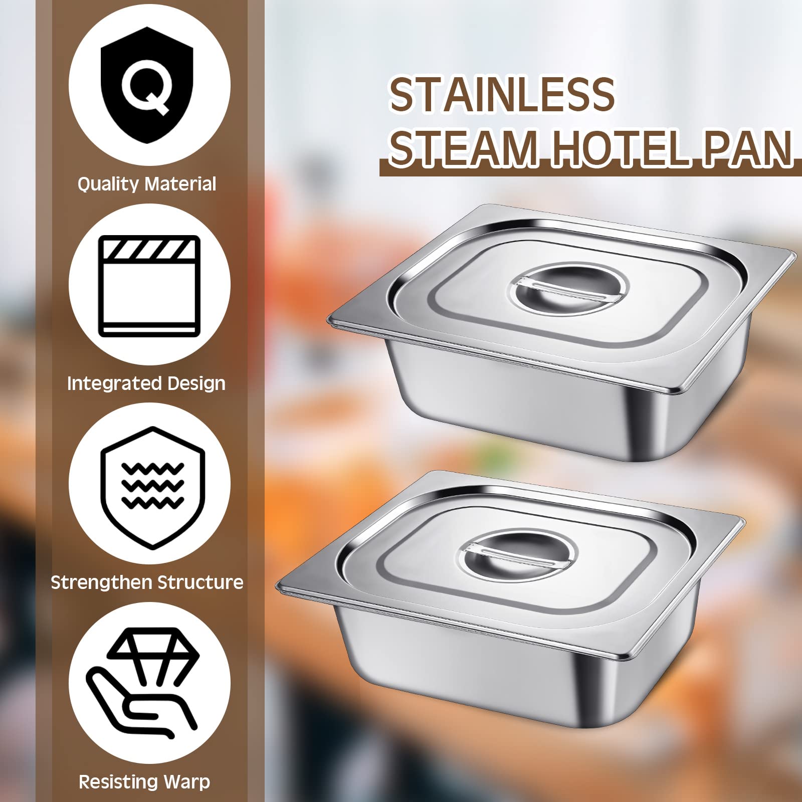 Baderke Stainless Steam Hotel Pans with Lids, 0.7 mm Thick 304 Stainless Steel Hotel Pan Anti Clogging Steam Table Pan for Food Warmer Cooking Heat, Multi Size (4 Pack, 1/2 Half Size x 4 Inch Deep)