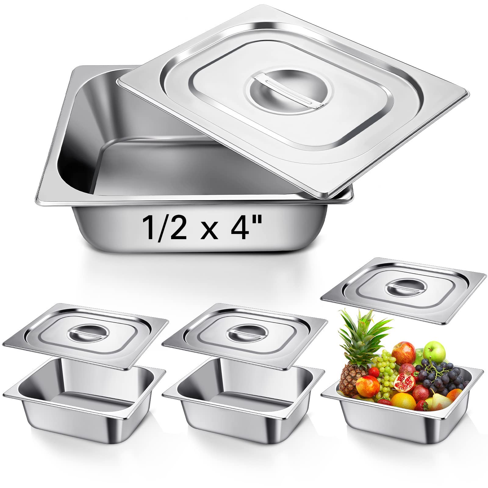 Baderke Stainless Steam Hotel Pans with Lids, 0.7 mm Thick 304 Stainless Steel Hotel Pan Anti Clogging Steam Table Pan for Food Warmer Cooking Heat, Multi Size (4 Pack, 1/2 Half Size x 4 Inch Deep)