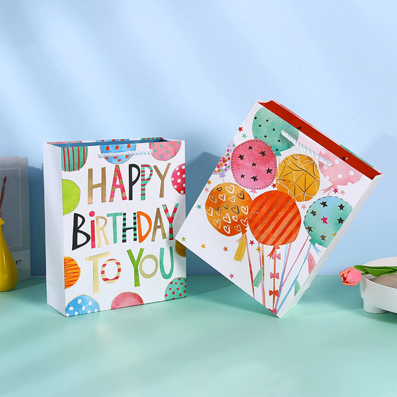 OfficeCastle Small Birthday Gift Bags with Colorful Tissue Paper (Gold Hearts) | 7x4x9 Inch, 4 Pack Birthday Bags for Newborns/Kids/Men/Women