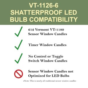 612 Vermont Shatterproof LED Window Candle Replacement Bulbs, Warm White 2700K, C26 Bulb, E12 Candelabra Base (Pack of 6)