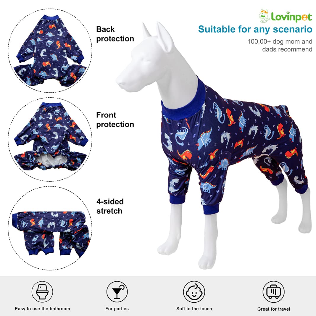 LovinPet Pitbull Pet Onesie, Comfy Lightweight Stretchy Fabric, Blue Dinosaurs Print, Sun Protection, Pet Anxiety Relief Shirt, Easy to Wear Dog Costume for Party,Blue White XL