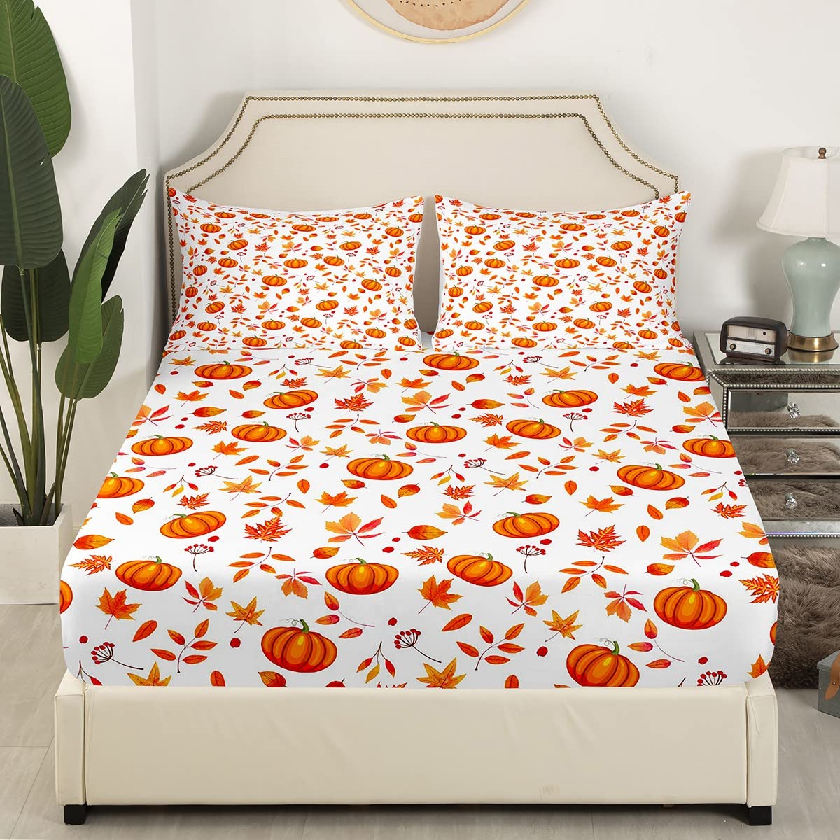 Happy Fall Fitted Sheet Halloween Autumn Pumpkin Bed Sheets Queen,Cute Fall Flowers Maple Leaf Bedding Set Thanksgiving Sheet Set Gifts For Kids Boys Girls Fall Home Bedroom Decor Flat Sheet 4 Pcs