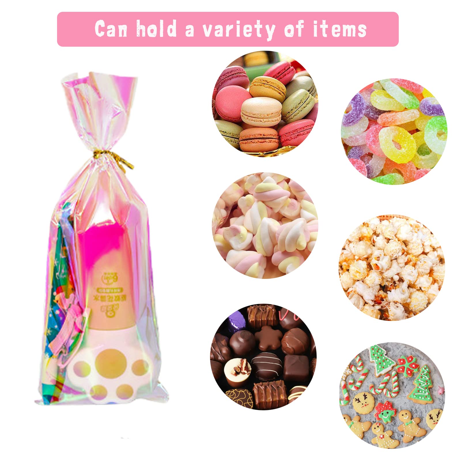 50pcs Iridescent Holographic Cellophane Bags,4x10inches Candy Treat Bags Party Favor,Cookie Goodie Bags with 50pcs Gold Twist Ties for Baby Showers Weddings Birthday Christmas Thanksgiving Halloween