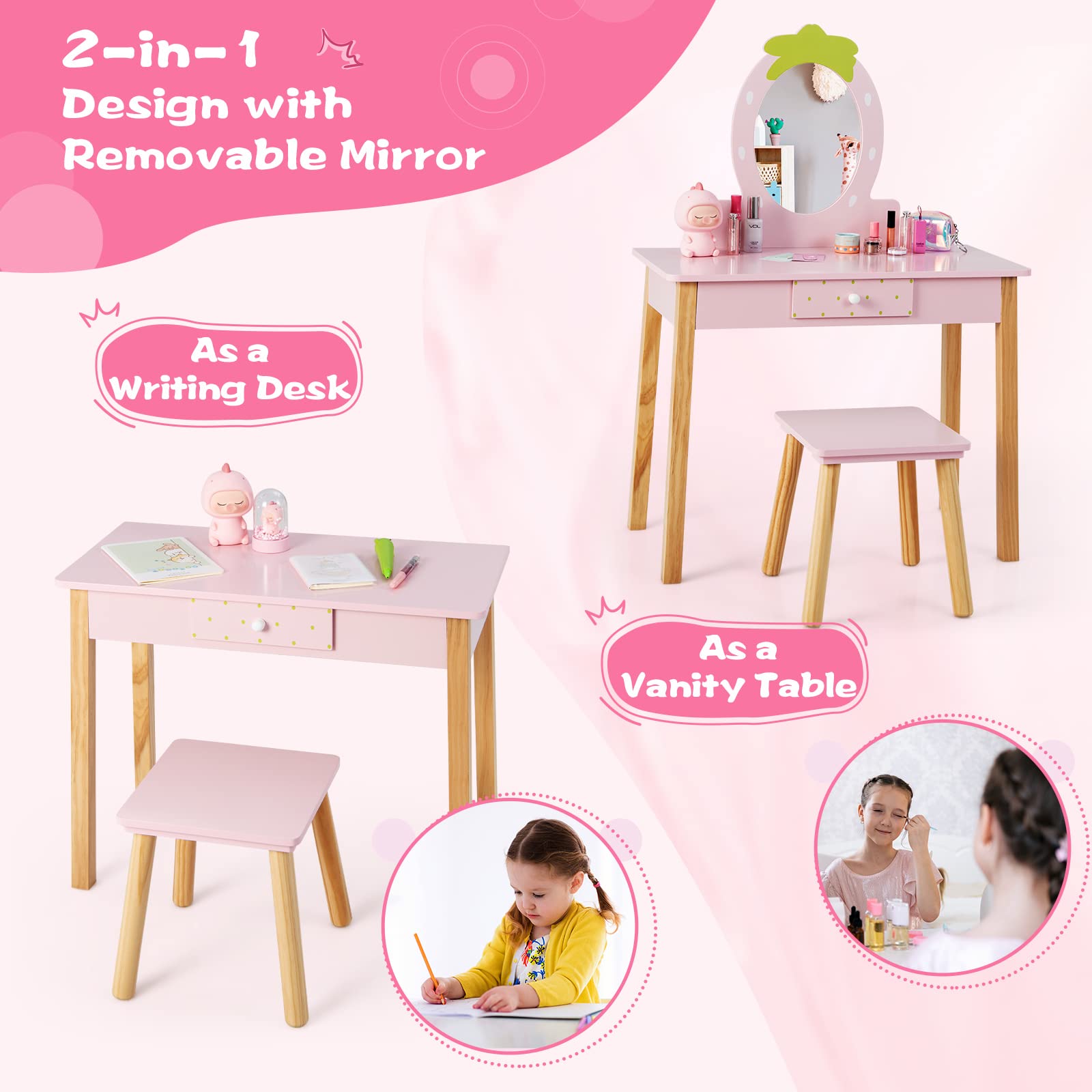 HONEY JOY Kids Vanity, Strawberry Themed Princess Makeup Vanity Set for Little Girls, Real Oval Mirror, Toddler Bedroom Dressing Table & Stool Set, Wooden Girls Vanity Set with Mirror and Stool, Pink