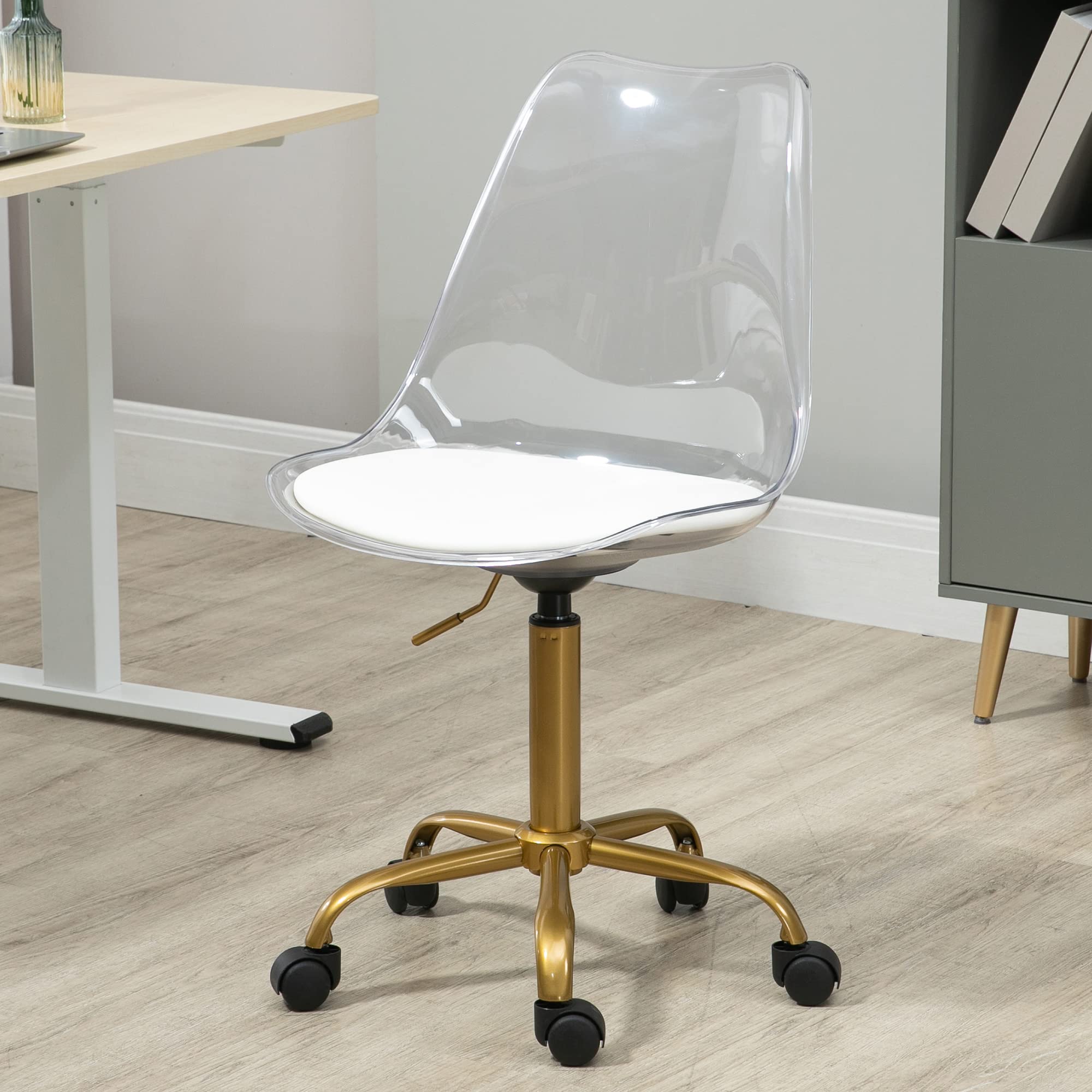 Villeston Acrylic Clear Desk Chair, Modern Small Cute Armless Vanity Rolling Plastic Chair Home Office Lucite Ghost Chairs Cushion Padded with Golden Legs, Clear