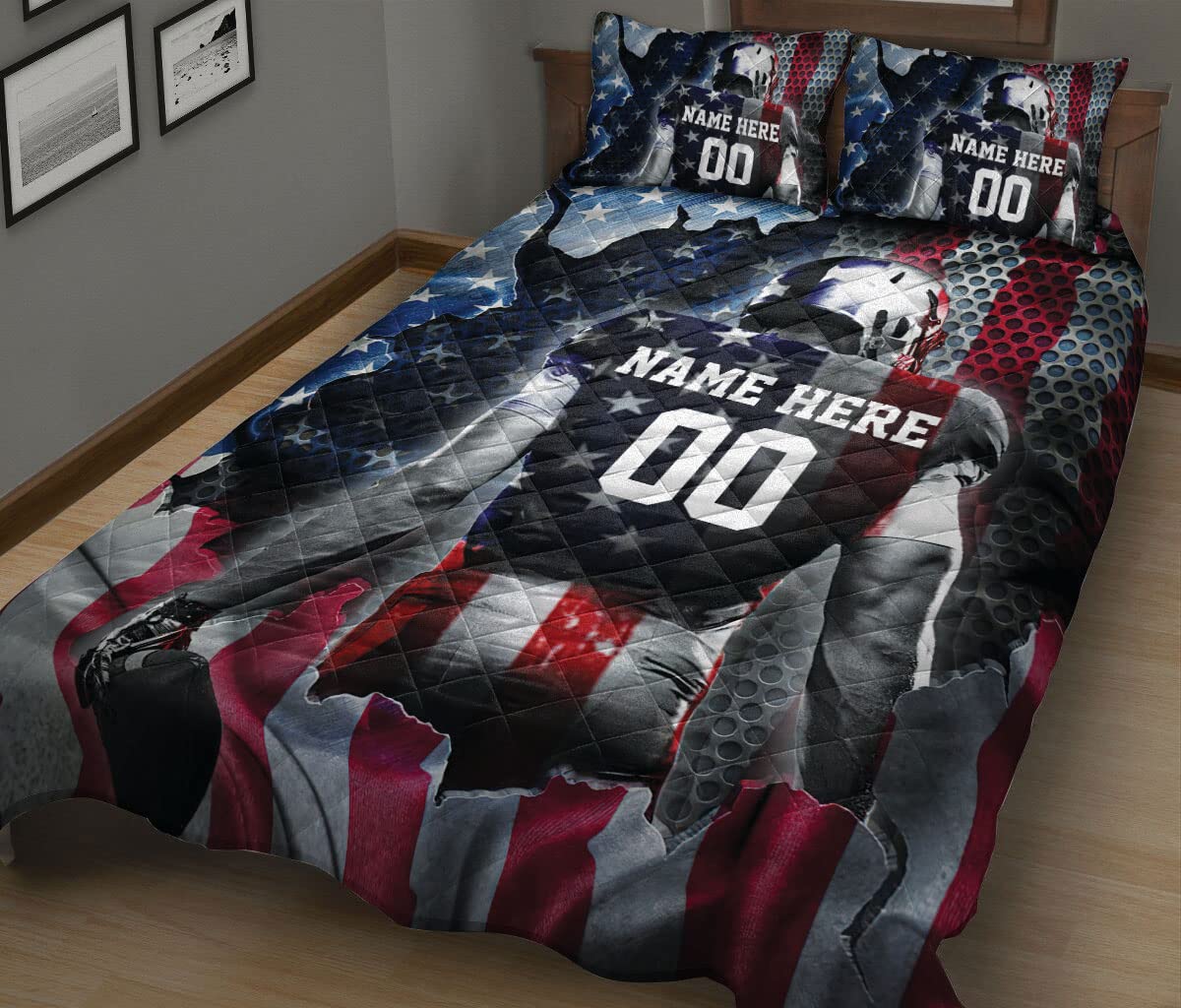 OhaPrints Custom Football Us Flag Gift for Son Boy Personalized Name Number Quilt Blanket & Pillowcases, Quilts Bedding Set & Pillow Cover, King Queen Double Twin Throw Full Size Bedspread Bed Sets