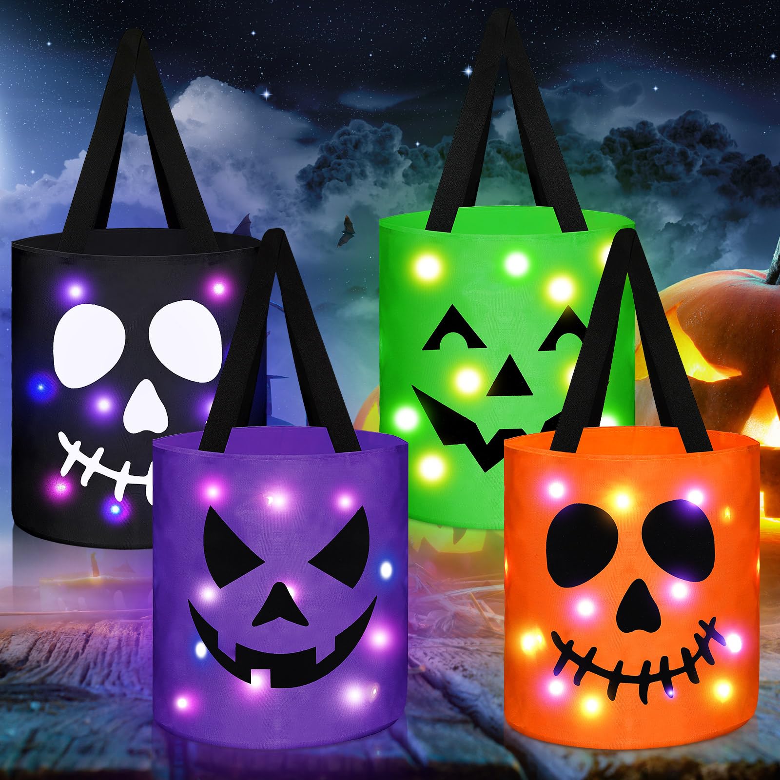 Yaomiao 4 Pcs LED Light Halloween Bags Halloween Candy Bags Light Up Goodie Bags Light Up Candy Bags Multipurpose Reusable Goody Bucket for Kids Halloween Party Supplies(Colorful)