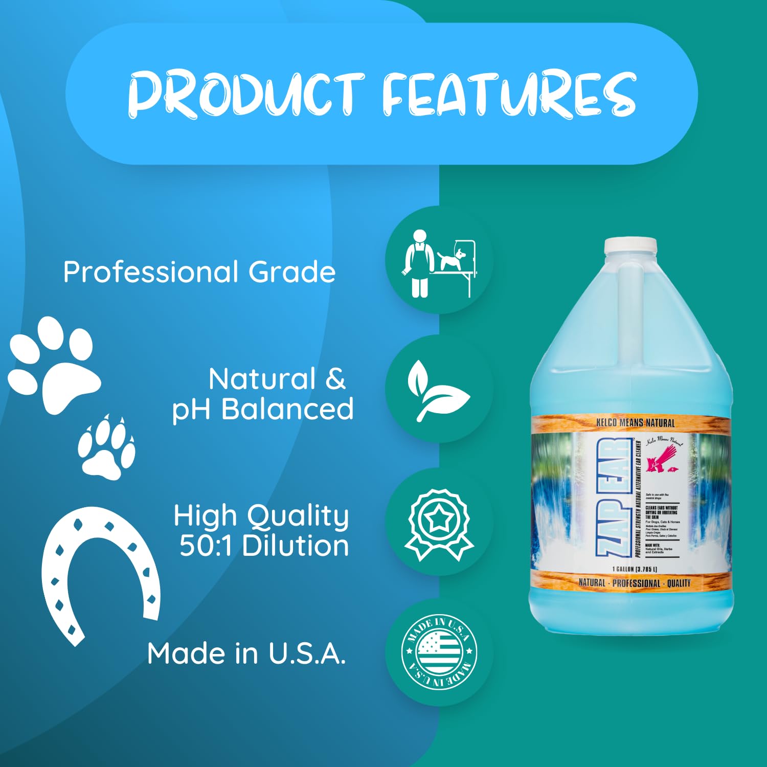 Laube Kelco Pet Ear Cleaner - Zap Ear Cleaning Solution for Dogs, Cats, Horses, and Pets - Anti-Itch Ear Wash and Debris Remover - Natural, pH Balanced, Biodegradable Vitamin E Formula (1 Gallon)