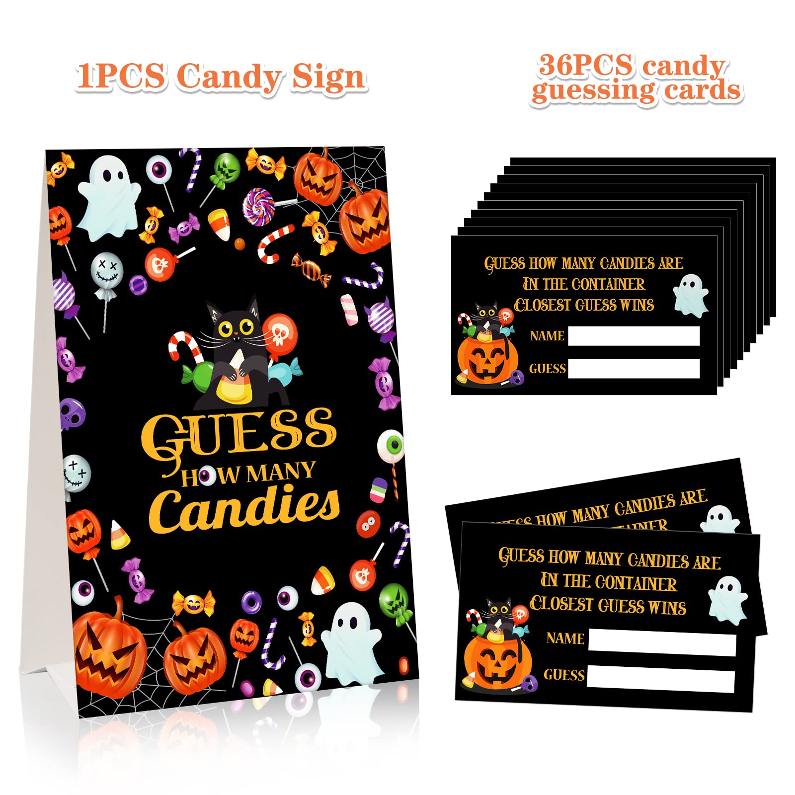 FaCraft Halloween Guess How Many Candies Games,36pcs Candies Guessing Game Cards Halloween Party Game for Kids Adults Halloween Guessing Candy Jar Card Ticket Birthday Halloween Party Favor Supplies