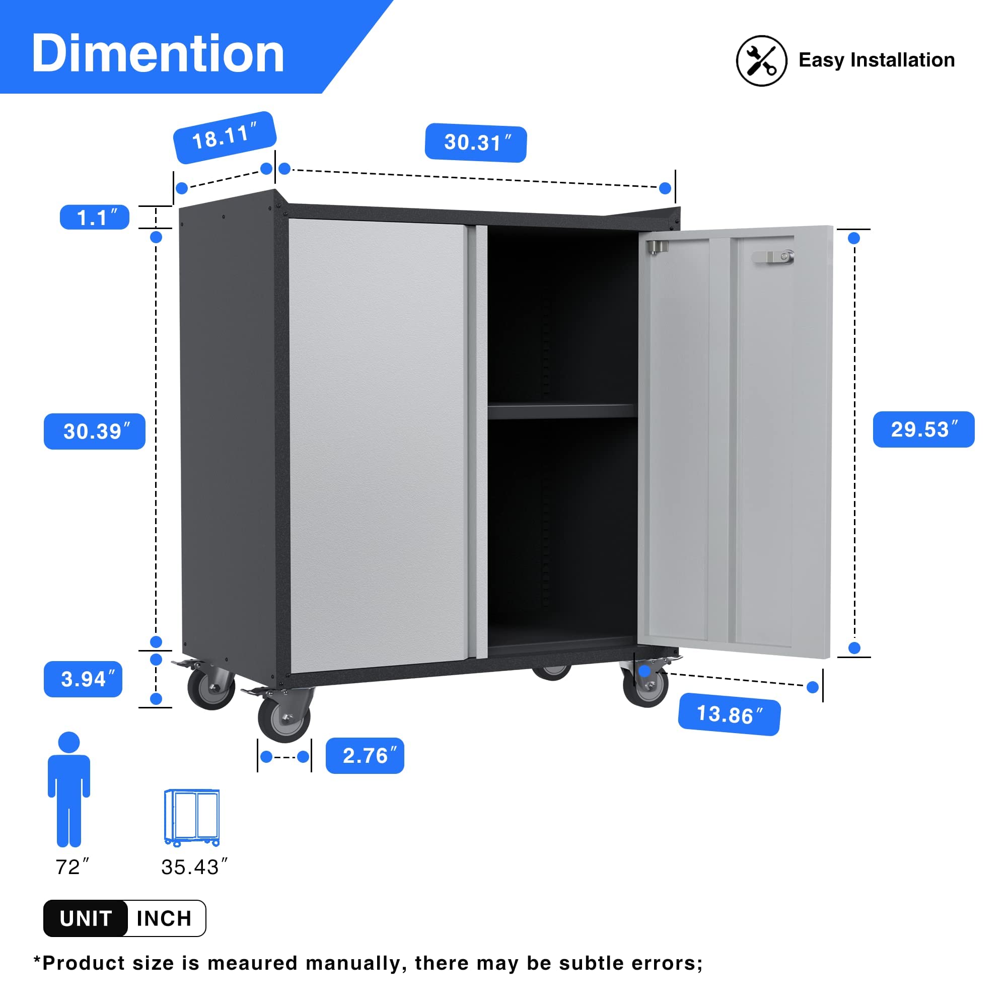 SUXXAN Metal Storage Cabinet with Wheels, Garage Cabinet on Wheels, Rolling Cabinet with Doors,Tool Cabinet with 1 Adjustable Shelf for Utility Room/Home/Storehouse, Assembly Required (Black and Gray)