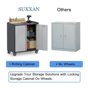 SUXXAN Metal Storage Cabinet with Wheels, Garage Cabinet on Wheels, Rolling Cabinet with Doors,Tool Cabinet with 1 Adjustable Shelf for Utility Room/Home/Storehouse, Assembly Required (Black and Gray)