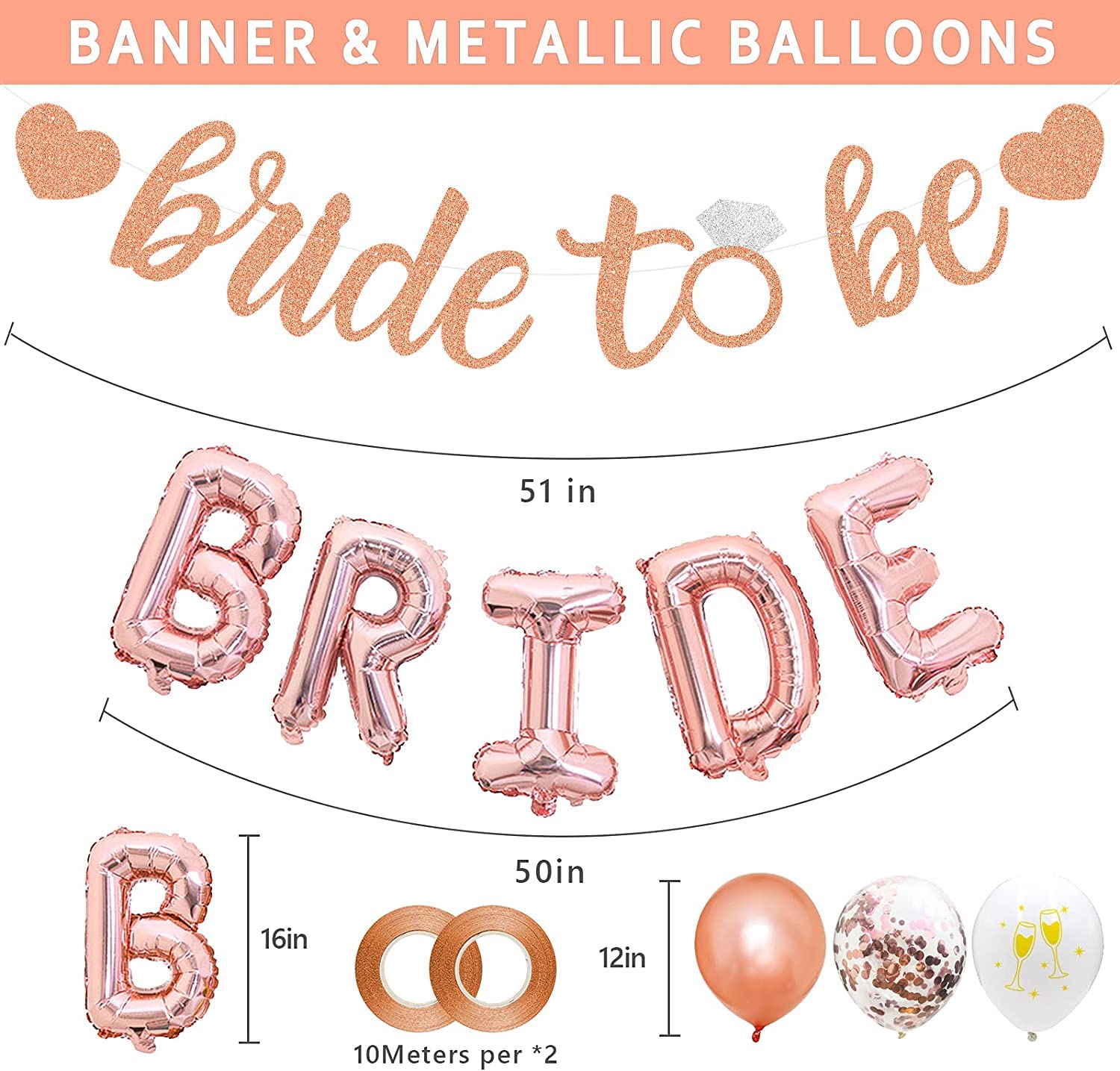 Rose Gold Bridal Shower Decorations Set Bachelorette Party Decorations with Bride to Be Banner, Bride Foil Balloons, Ring Balloon, Heart Balloons, Paper Pom Poms, Tassel, Ballon