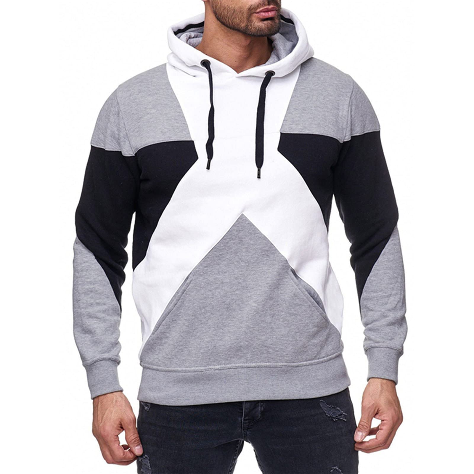 Maiyifu-GJ Men Patchwork Athletic Pullover Hoodie Color Block Sports Workout Hoodies Long Sleeve Loose Fit Hooded Sweatshirts (Light Grey,Small)