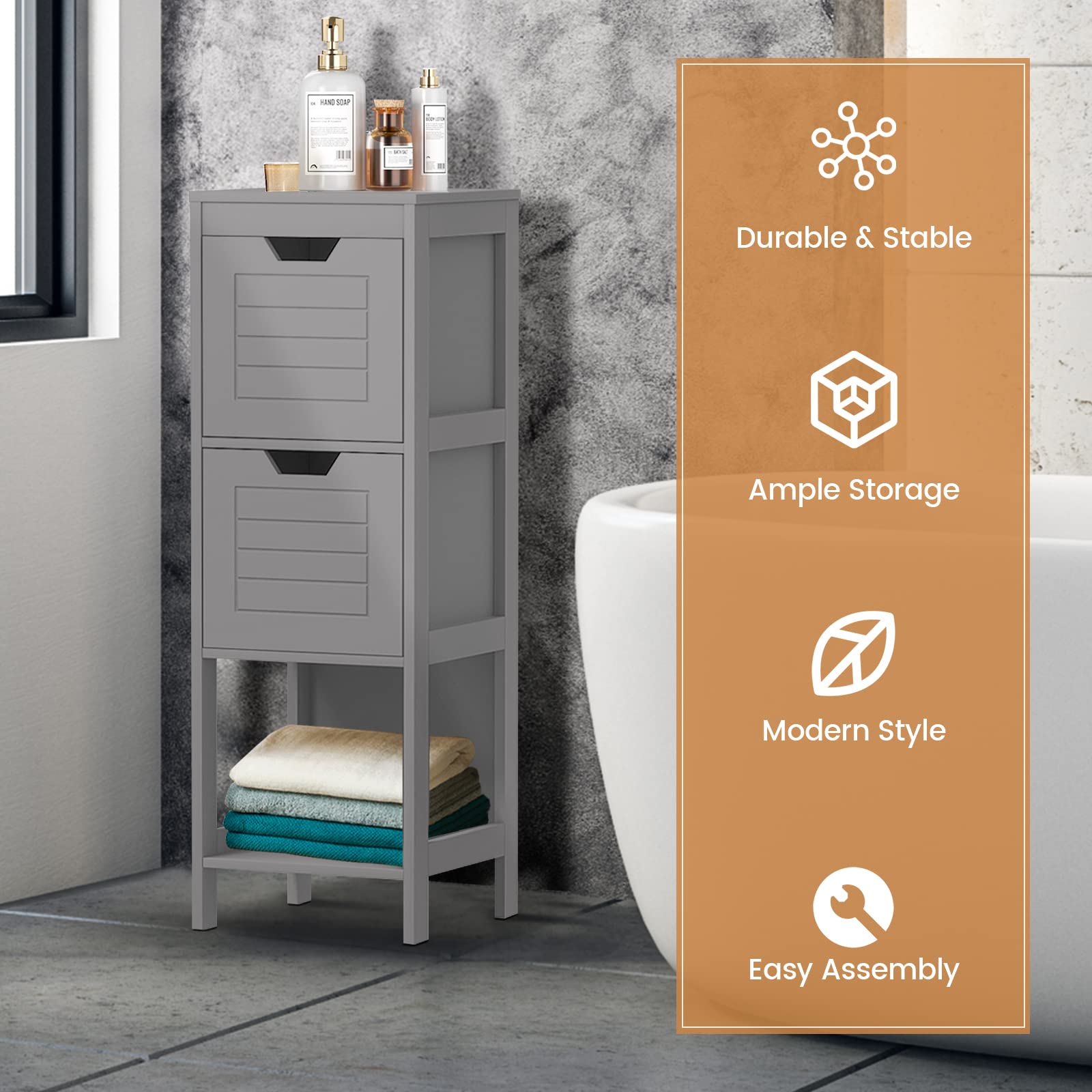 COSTWAY Bathroom Storage Cabinet, Freestanding Wooden Side Storage Cabinet with 2 Adjustable Drawers, Space-Saving Floor Cabinet for Living Room Bathroom Bedroom Entryway (Grey)