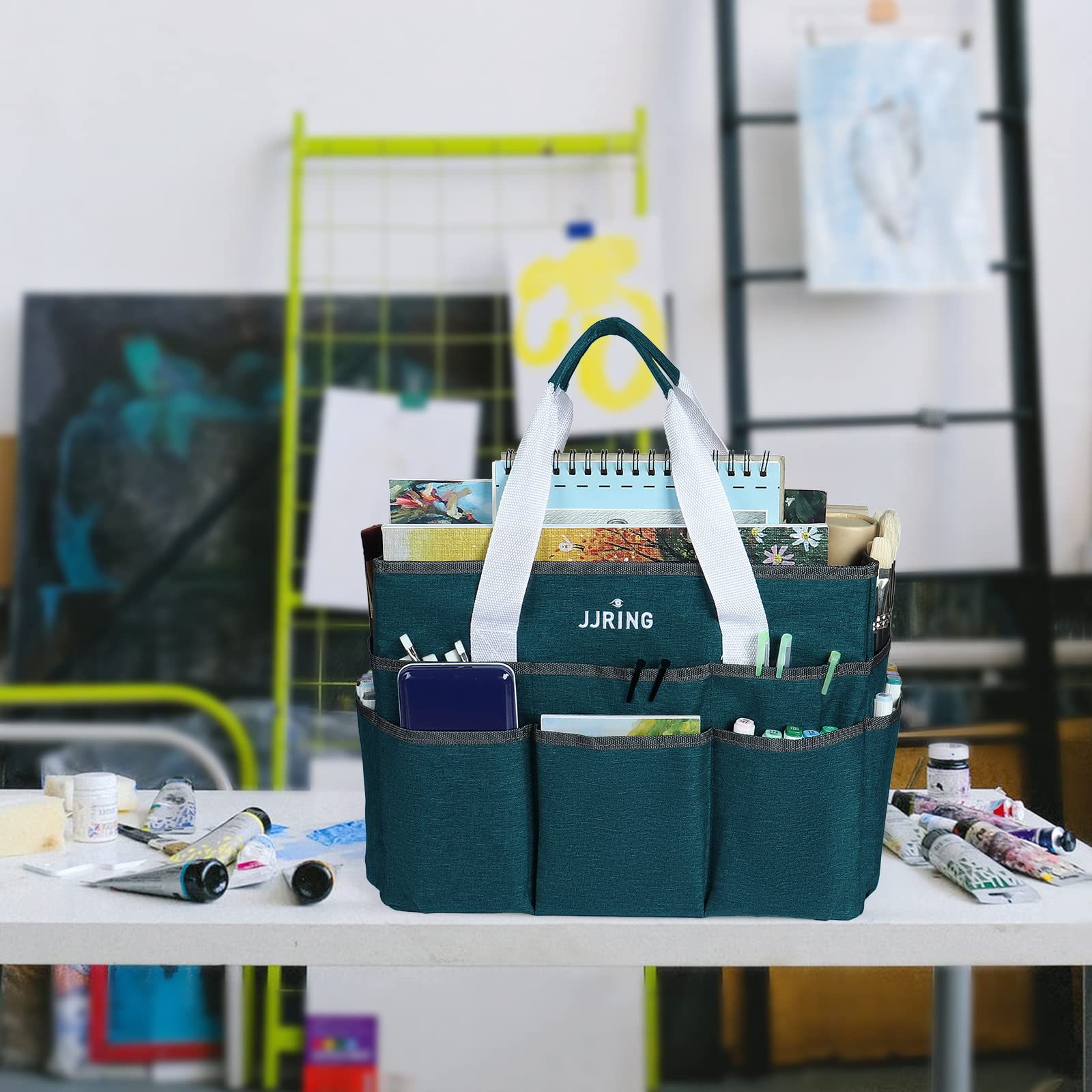 Jjring Craft Organizer Tote Bag, Large Art Storage Caddy with Multiple Pockets, Bluish Green Sewing Bag for Art, Craft, Scrapbooking, School, Medical, and Office Supplies Storage