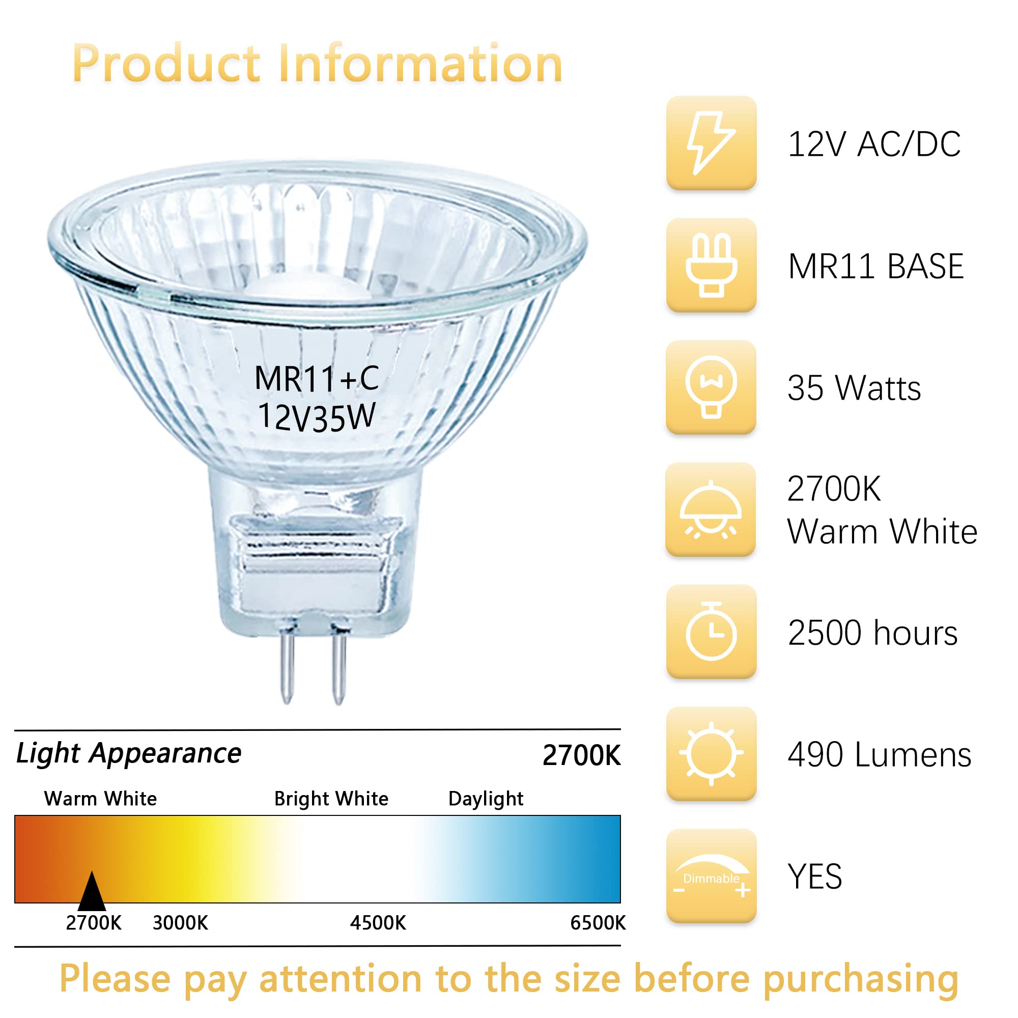 Sevici MR11 Halogen Bulb 12V 35W Dimmable FTD Spotlight Bulb 36° Beam 2700K Warm White MR11 Bulb GU4 Dual Pin Base, Glass Cover for Range Hoods Track Lighting Landscape Recessed Bulbs