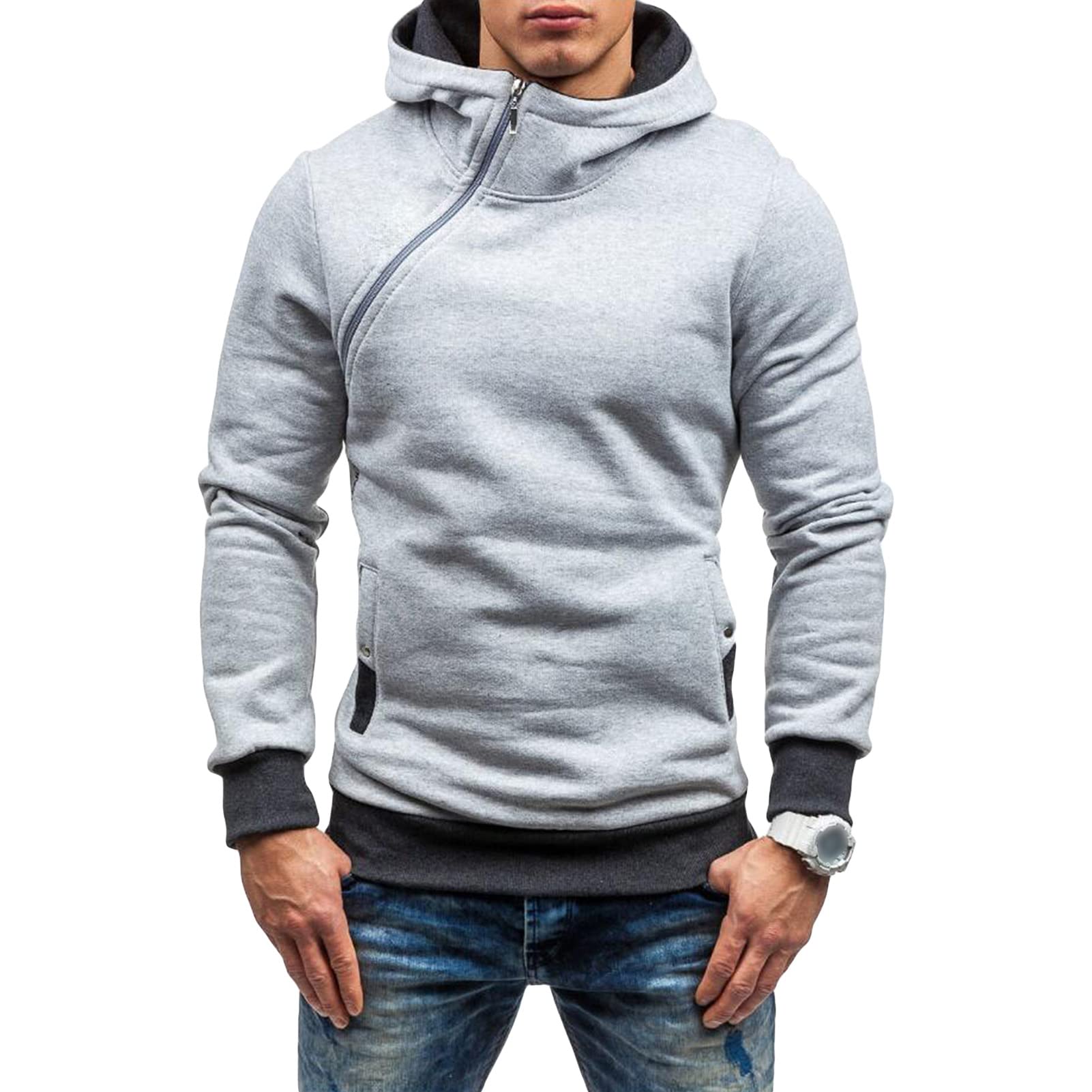 Maiyifu-GJ Men's Long Sleeve Diagonal Zipper Hoodies Zip Up Slim Fit Athletic Hoodie Hip Hop Hooded Sweatshirts with Pocket (Light Grey,X-Large)