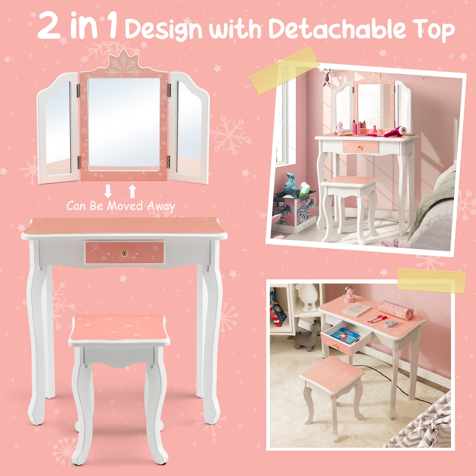 Costzon Kids Vanity Table and Chair Set, Girls Vanity Set with Mirror and Stool, Storage Drawer, Wooden Princess Makeup Dressing Table, Toddler Vanity, Pretend Play Vanity Set for Little Girls