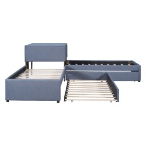 L Shaped Upholstered Platform Bed with Trundle and Two Drawers Linked with Built-in Desk, Solid Wood Bed Frame Twin Size (Twin, Gray)