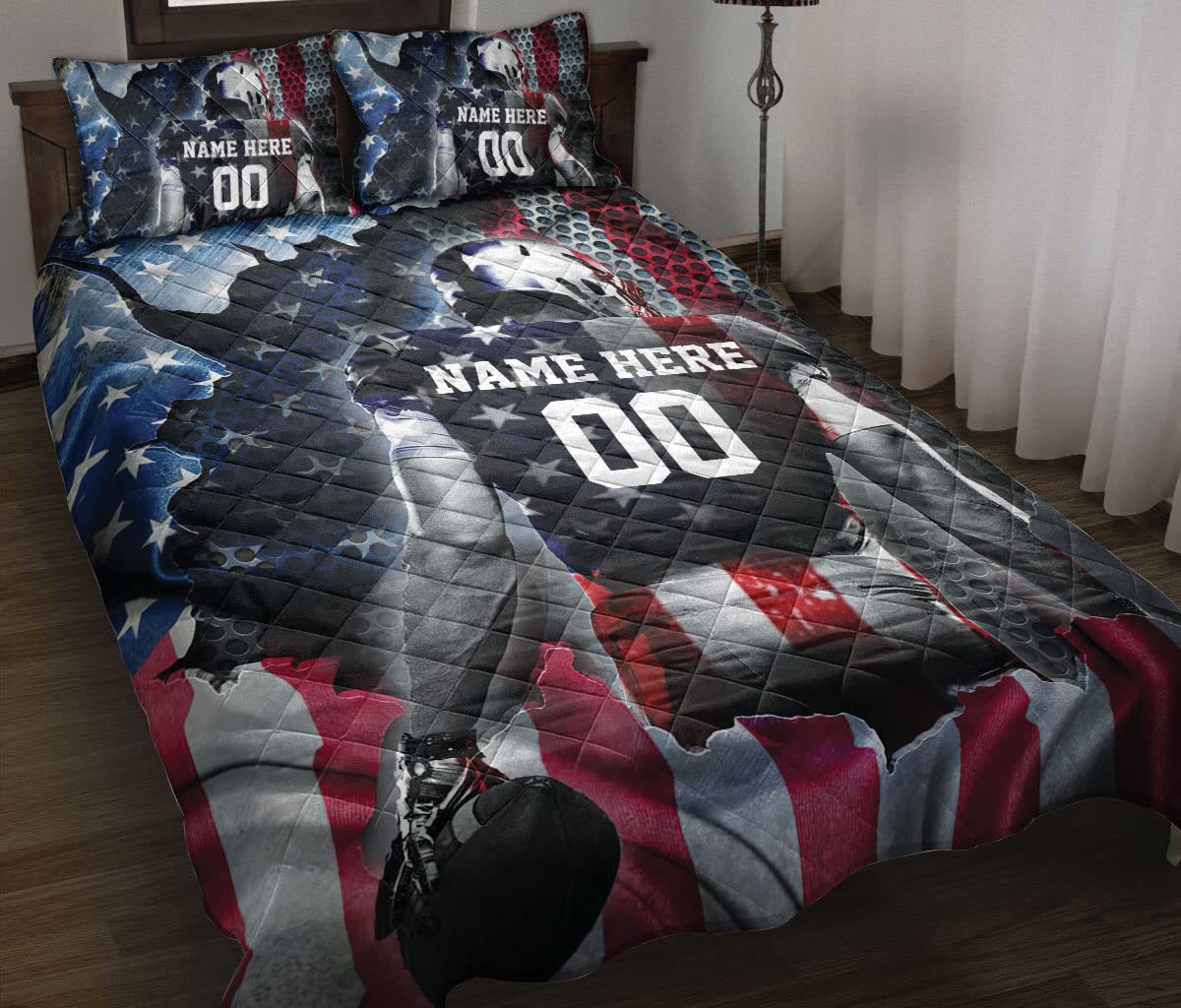 OhaPrints Custom Football Us Flag Gift for Son Boy Personalized Name Number Quilt Blanket & Pillowcases, Quilts Bedding Set & Pillow Cover, King Queen Double Twin Throw Full Size Bedspread Bed Sets