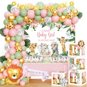 fiesec safari baby shower decorations for girl, jungle themed décor backdrop balloon garland arch artificial leaves box cutout glitter banner cake topper sash lion cheetah giraffe pink 140 pcs