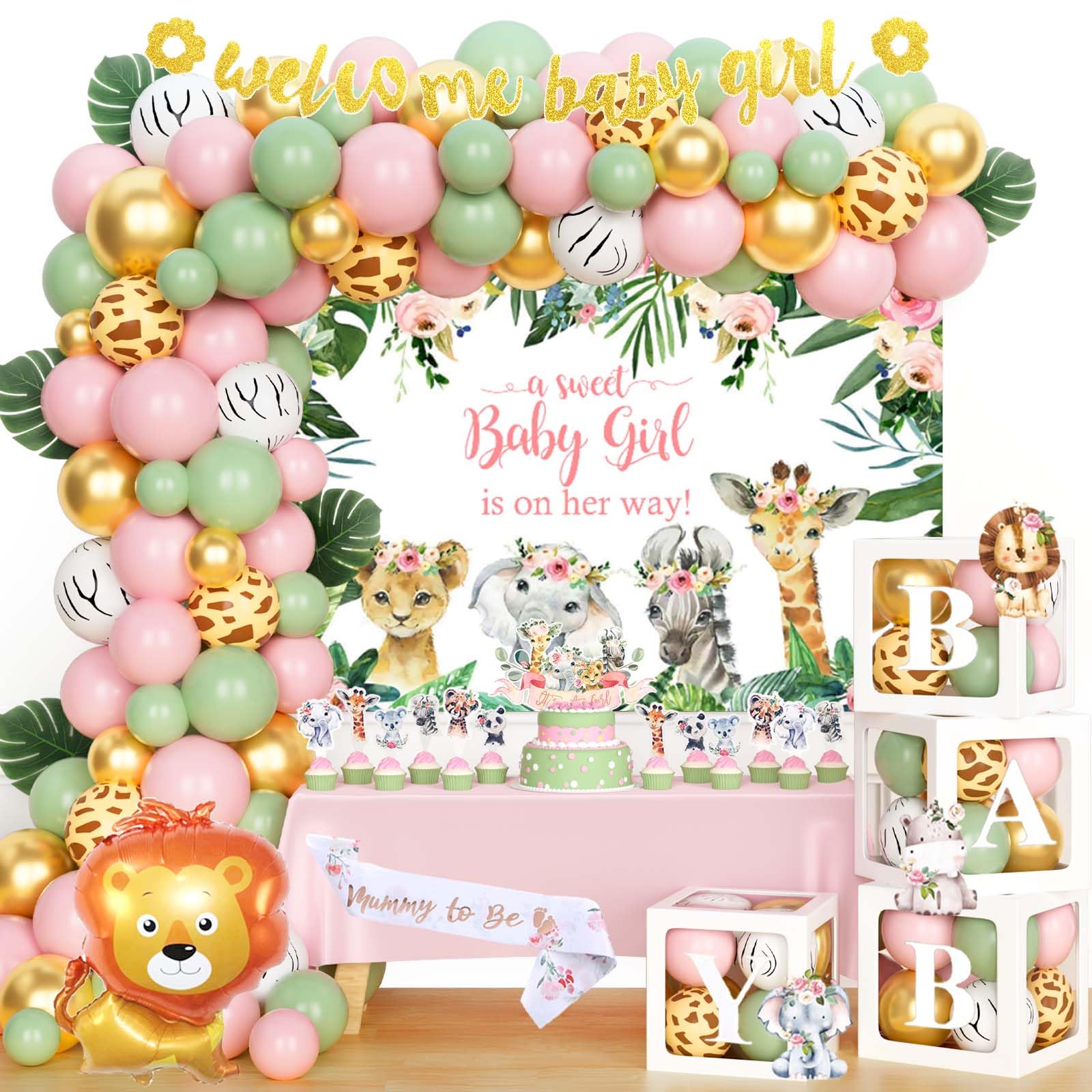 Fiesec Safari Baby Shower Decorations for Girl, Jungle Themed Décor Backdrop Balloon Garland Arch Artificial Leaves Box Cutout Glitter Banner Cake Topper Sash Lion Cheetah Giraffe Pink 140 PCs